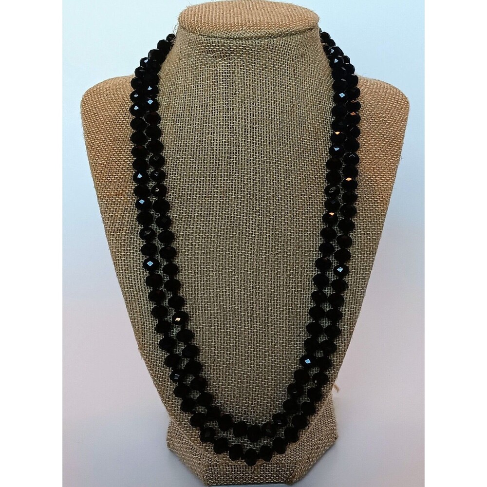 Vintage Jet Black/Glass Hand-Knotted Opera Length Strand Necklace 47"